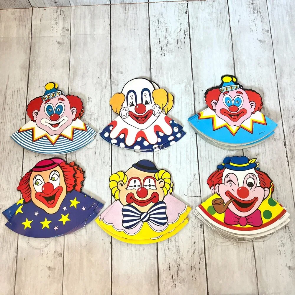Vintage Clown Paper Birthday Party Hats 6 Types and 22 Total